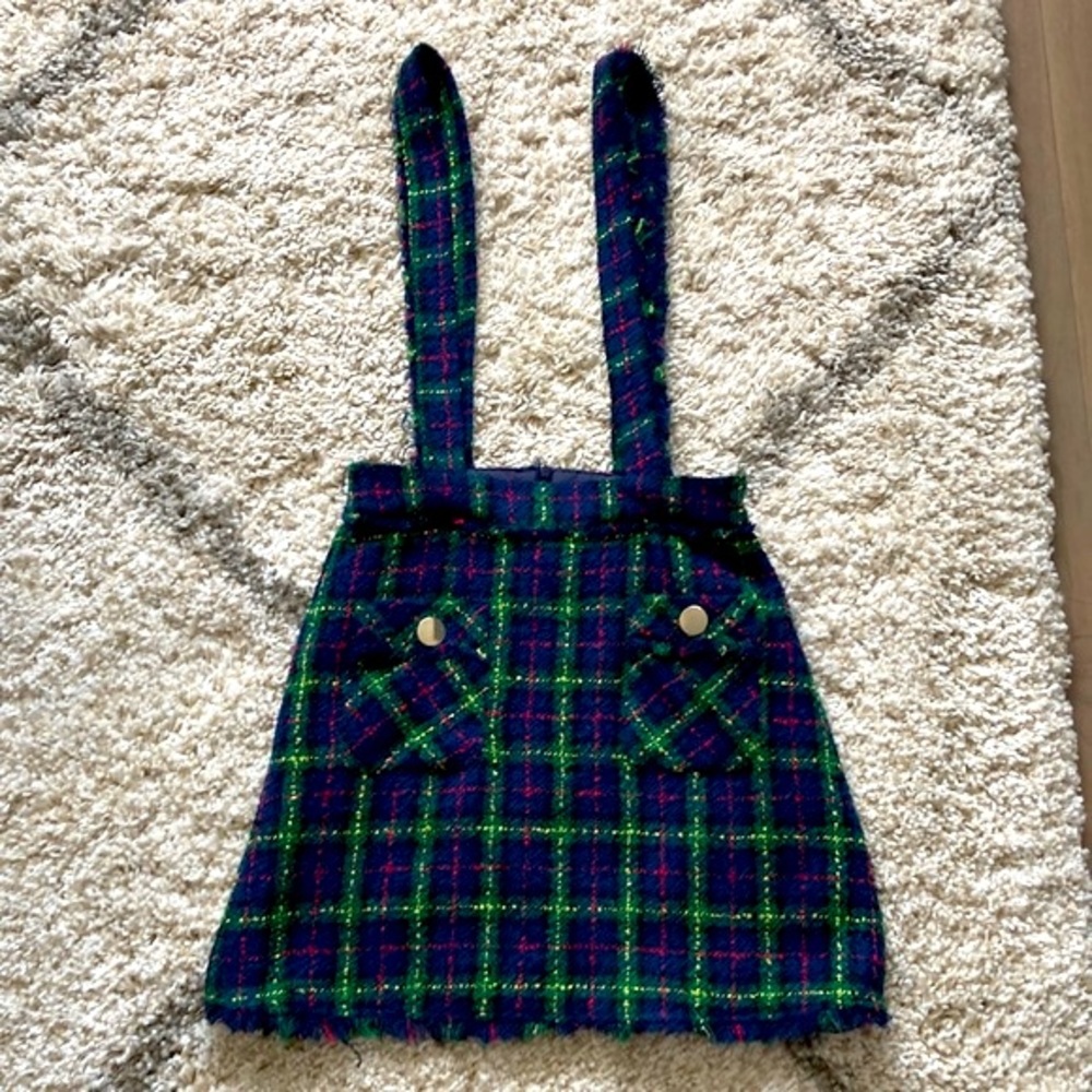 🎁Zara tweed green plaid strap skirt XS - Picture 4 of 8